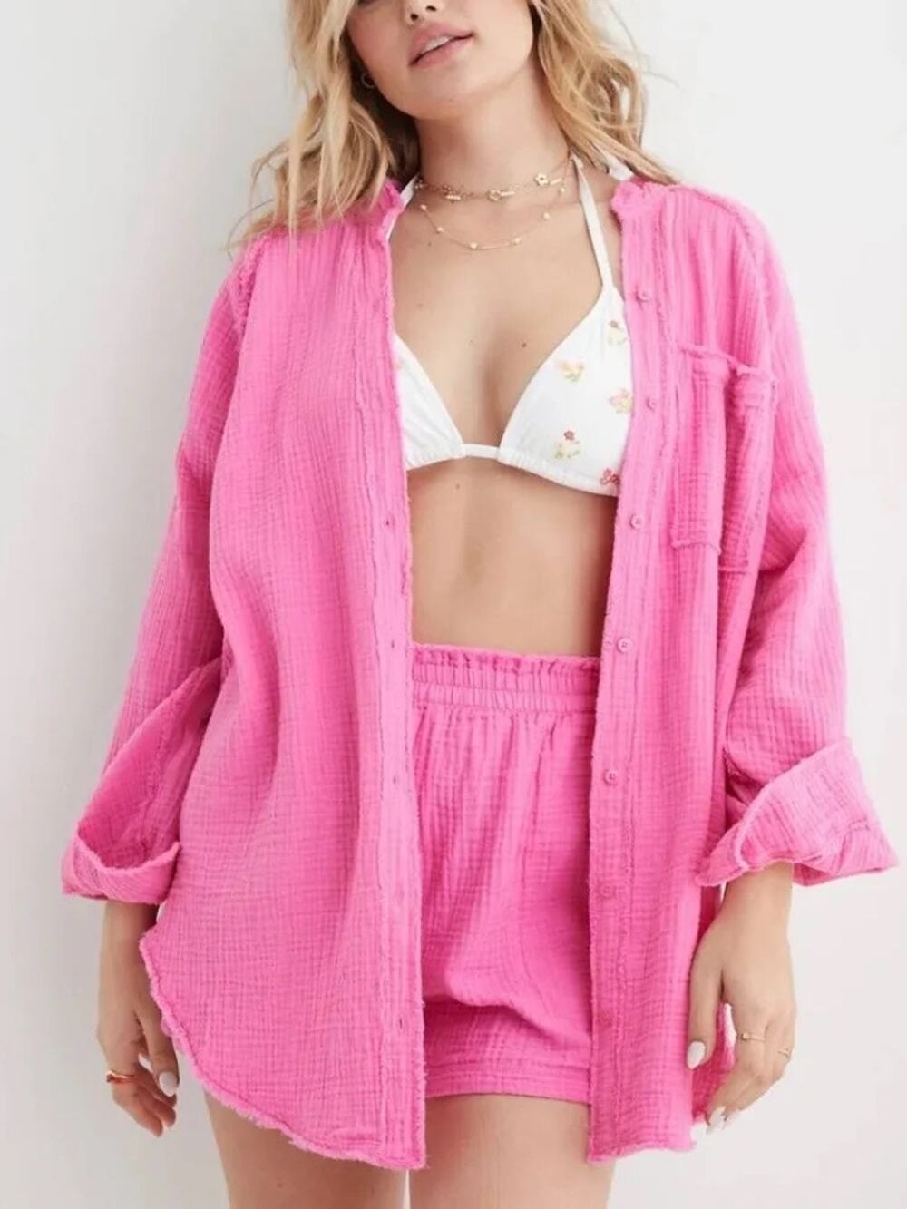 Aerie Pool to Party Gauze Button Down Shirt XS Hot Pink Cotton Beach Cover Up